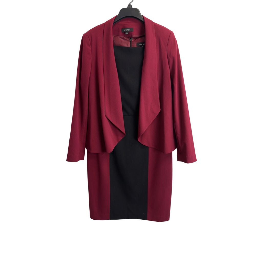 Nine West Womens 10/12 Dress Suit Set Burgundy Black Color Block Sheath Jacket